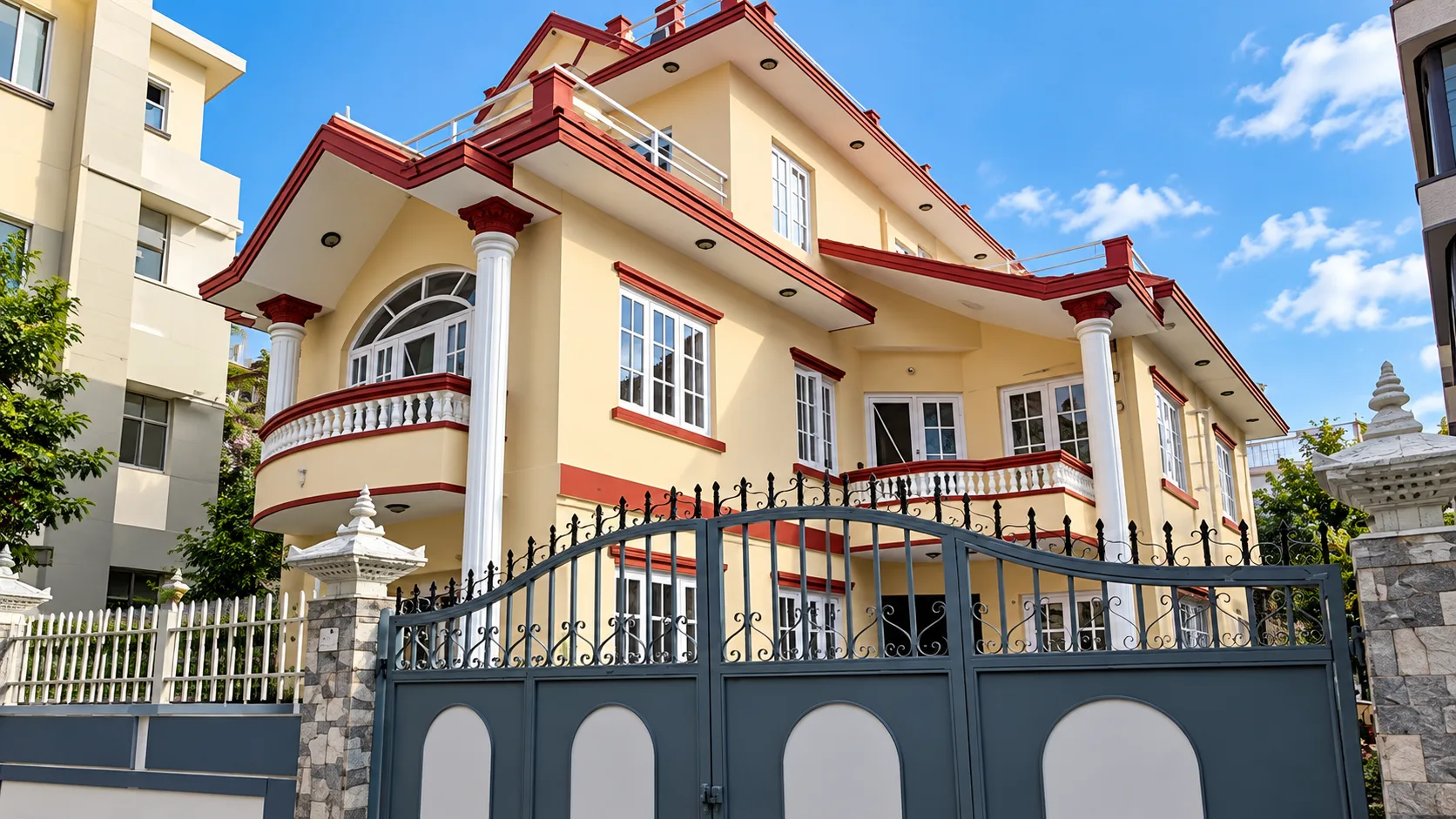 Nepali residence with cream walls, red trim, balconies, and a gated entrance